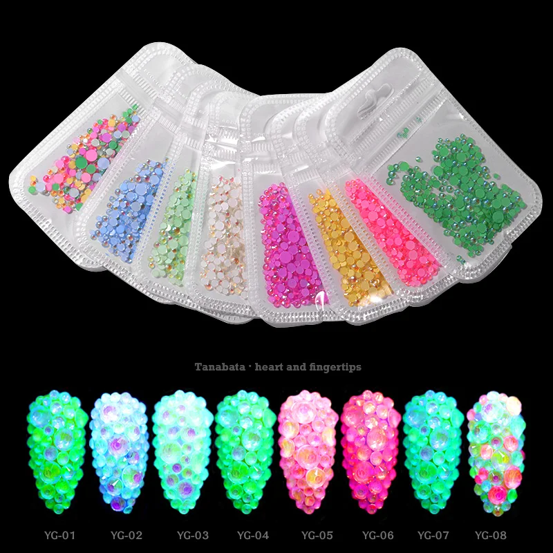 

8packs Mixed SS6-SS20 Luminous Crystal Nail Art Rhinestones Decorations Fluorescent Glow In The Dark Glitter Diamonds Glass Gems