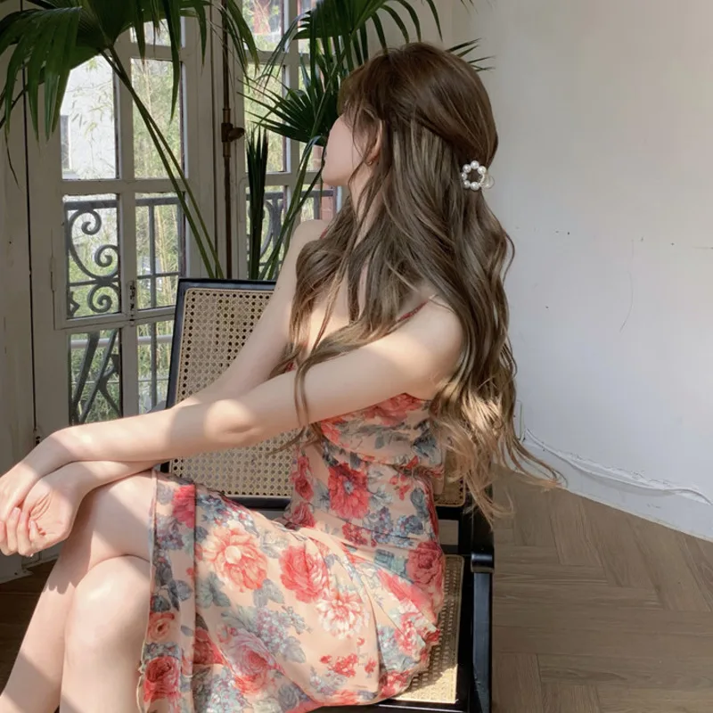 

WOMENGAGA New French Sweet Floral Tank Strap Dress In Summer Tops 2021 Korean Sexy Hot Beach Style Dresses Pink Y2k Clothes RL8Z