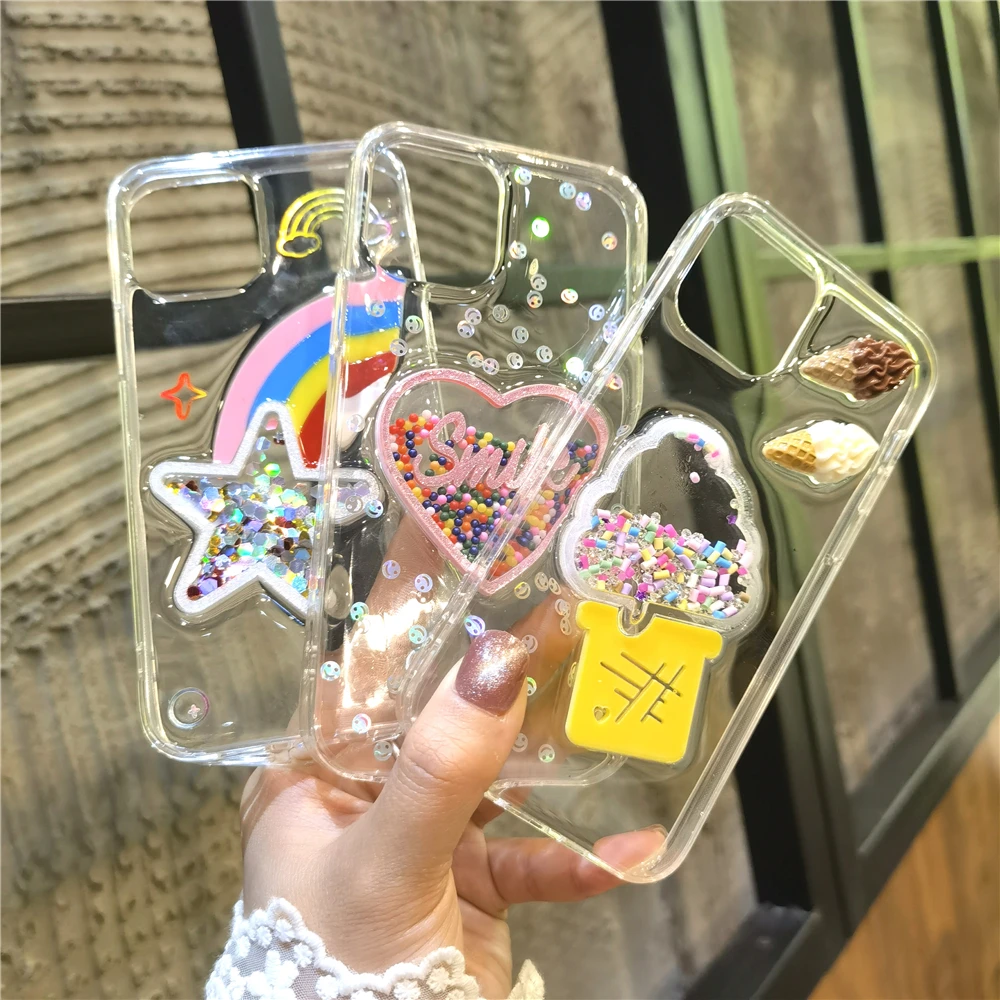 

Rainbow Heart Icecream Quicksand Sequins Patch Fabric Phone Case For Iphone11promax12mini xr silicone 78plus se 6s clear cover