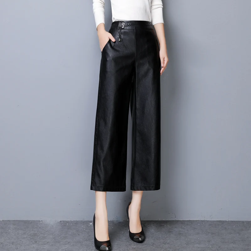 

High Waist Pu Leather Wide Leg Ankle-length Pants Women Fashion Black Faux Leather Trousers Women Loose Korean Pants