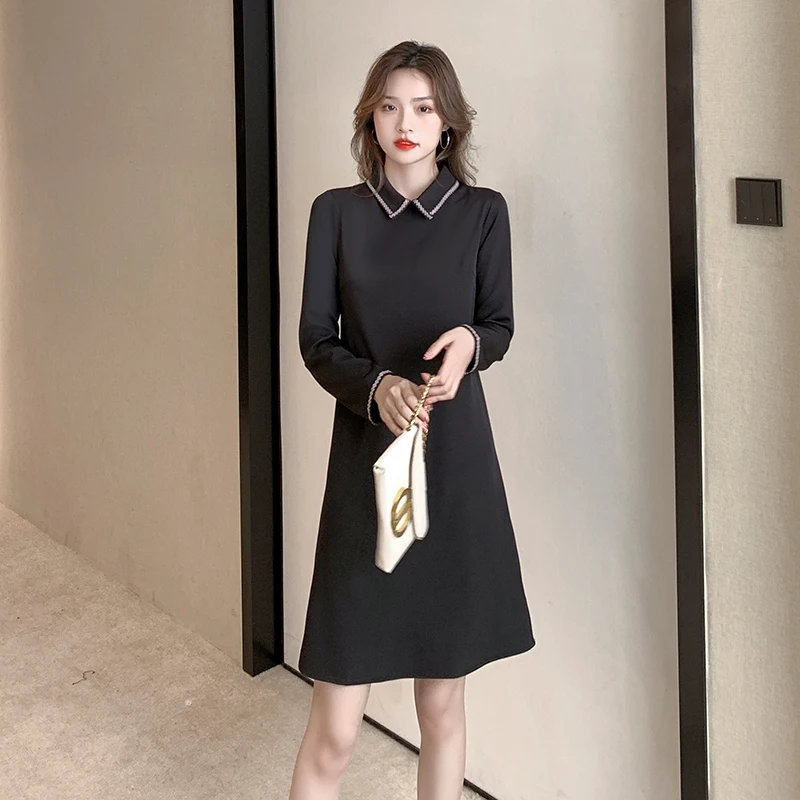 

Simgent Black Office Dress Woman Long Sleeve Peter Pan Collar A Line Elegant Vintage Dresses Vestidos Femme Robe Jurken SG111032