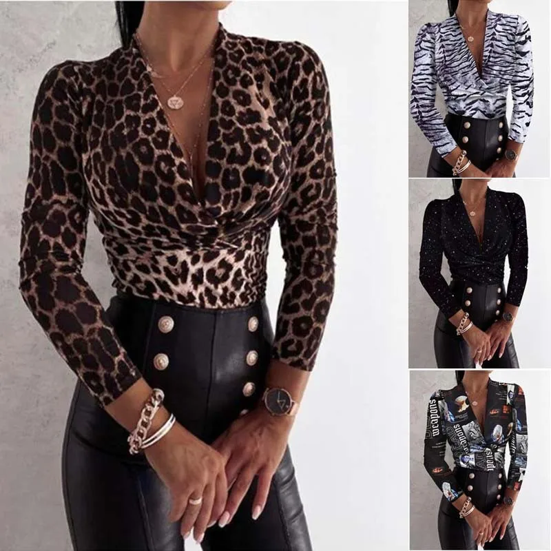 

Womens Tops And Blouses Autumn Casual Fashion Leopard V-neck Long Sleeve Plus Size Office Ladies Shirts Elegant Blouses Femme