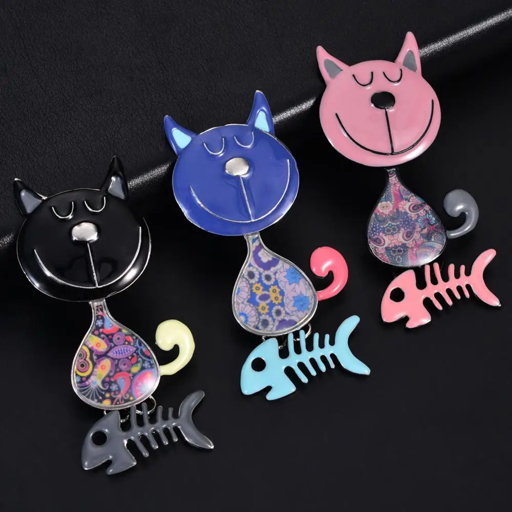 Броши и булавки Cring Coco с эмалью голубого цвета кошки Мультяшные животные