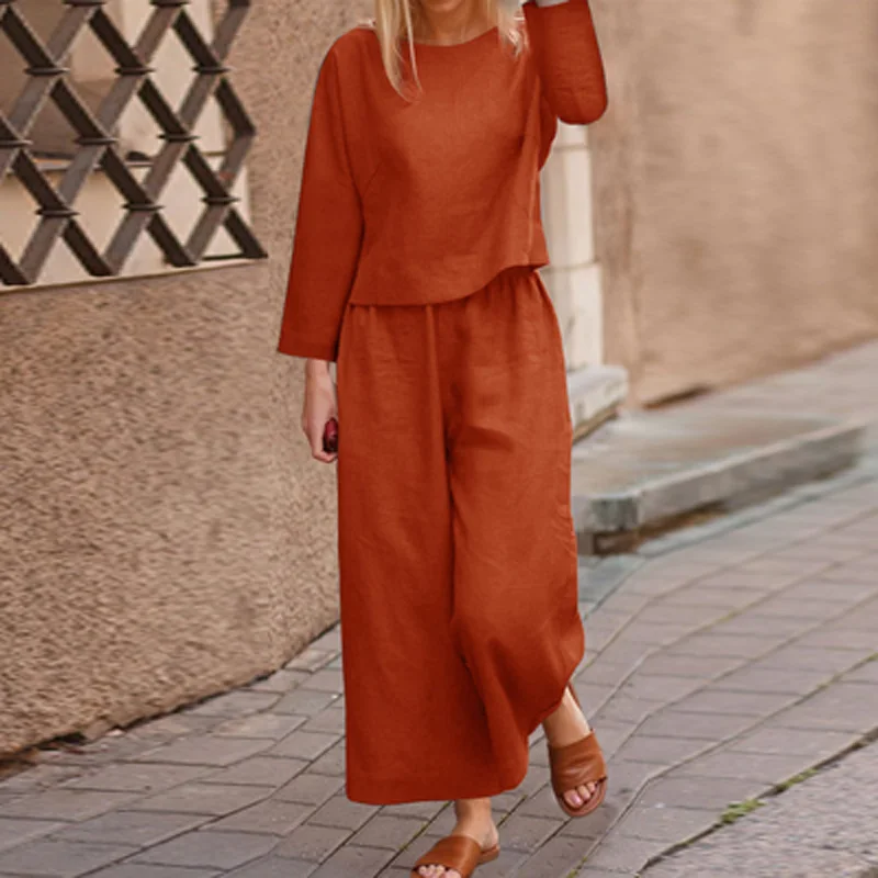 

Spring and autumn two-piece cotton and linen women's elegant O-neck blouse elastic waist casual wear retro pocket Harajuku suit