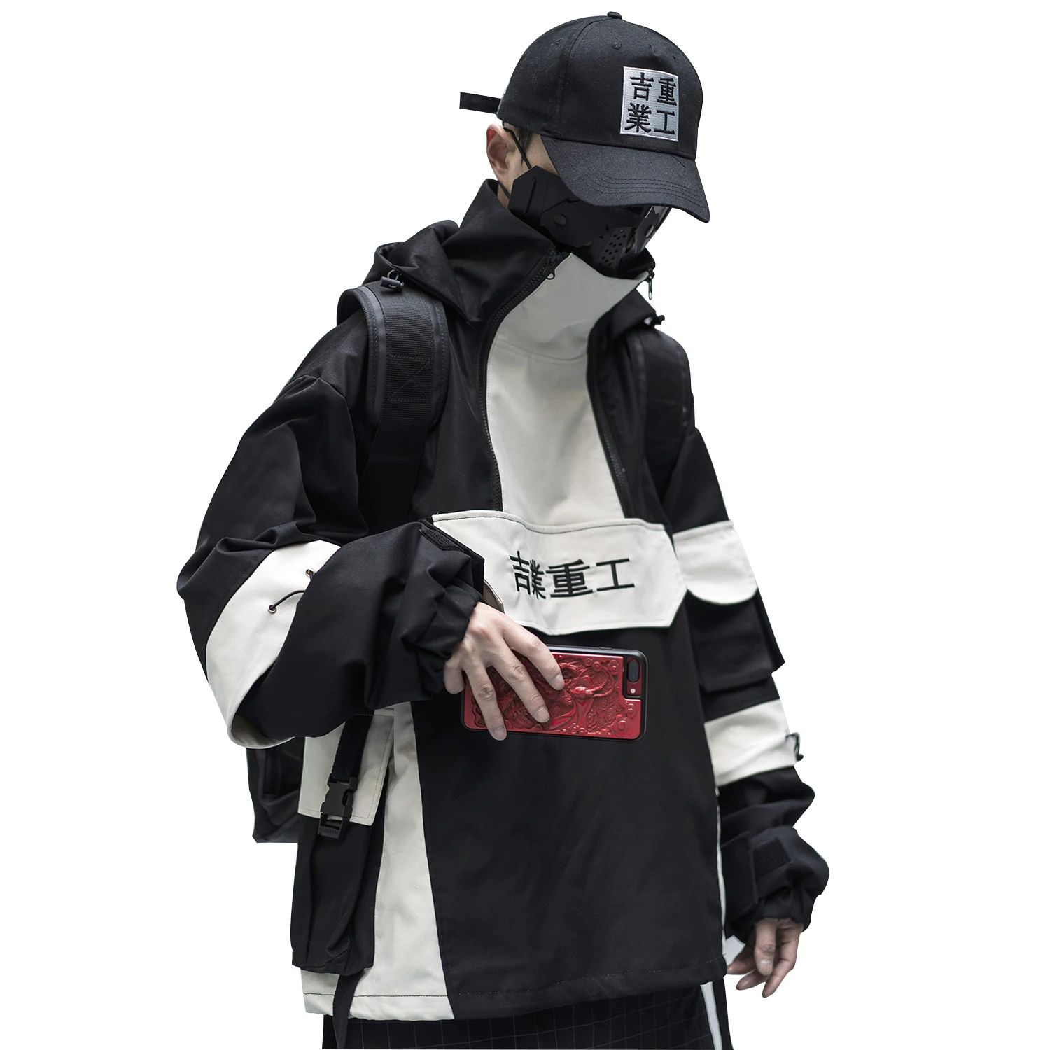 Двубортный Карманы отложной воротник Анорак карго куртка для мужчин|Мужские