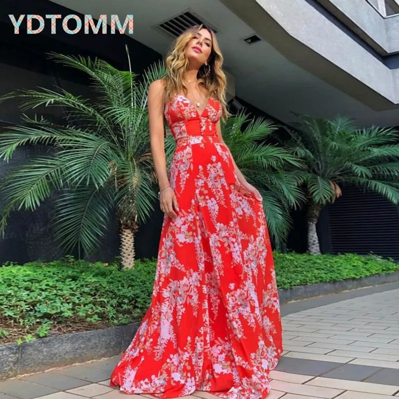 Летнее женское платье 2021 Красные Цветочные пляжные Макси платья Бохо женские