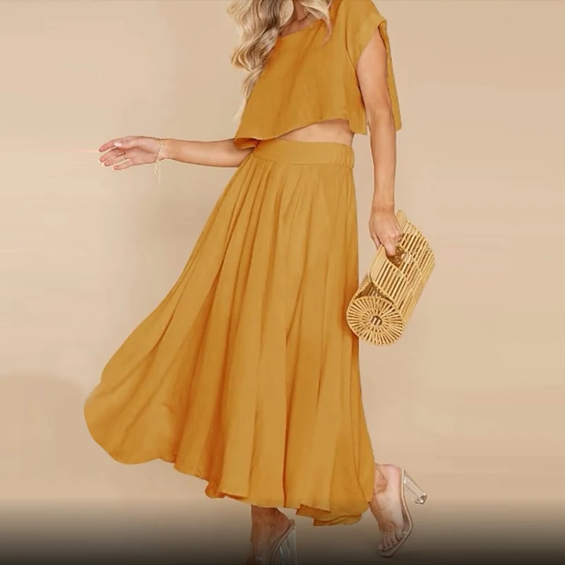

Summer Short Sleeve Two Piece Women's Skirt Set Solid Crop Top And Pleated Dress Female Suit 2021 Fashion Loose Casual Lady Sets