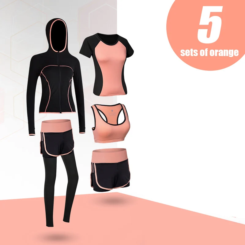 5-piece set-2 Комплект, женский бюстгальтер для йоги, спортивный костюм, быстросохнущий, 5 шт., шорты, женские, с коротким рукавом, длинные штаны, для улицы, спортивная одежда, костюм для фитнеса - Цвет: 5-piece set-2