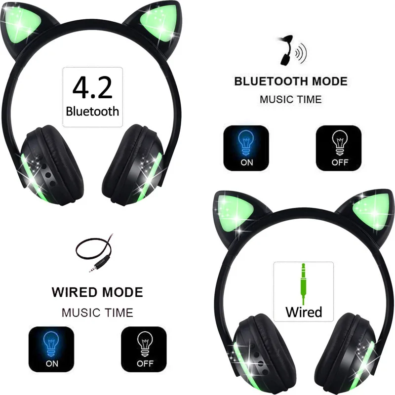 ZW-19 Bluetooth наушники светодиодный светильник кошачьи уши гарнитура беспроводные наушники HIFI стерео бас наушники для телефонов с микрофоном