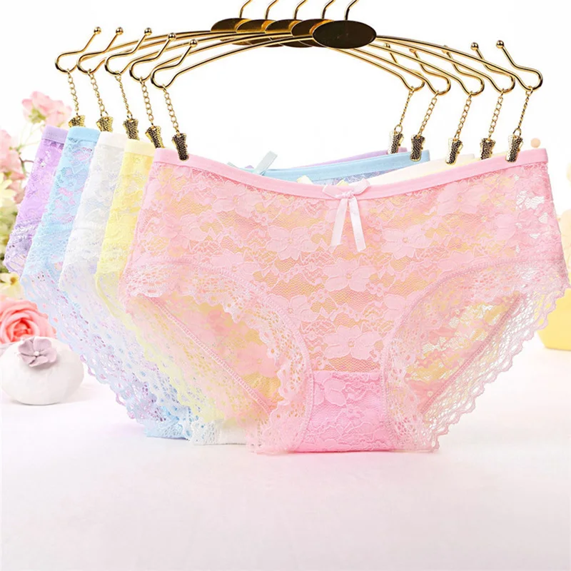 

Wholesale Cute Girls Lace Sexy Ladies Underwear Mesh Hollow Bowknot Low Waist Women Briefs