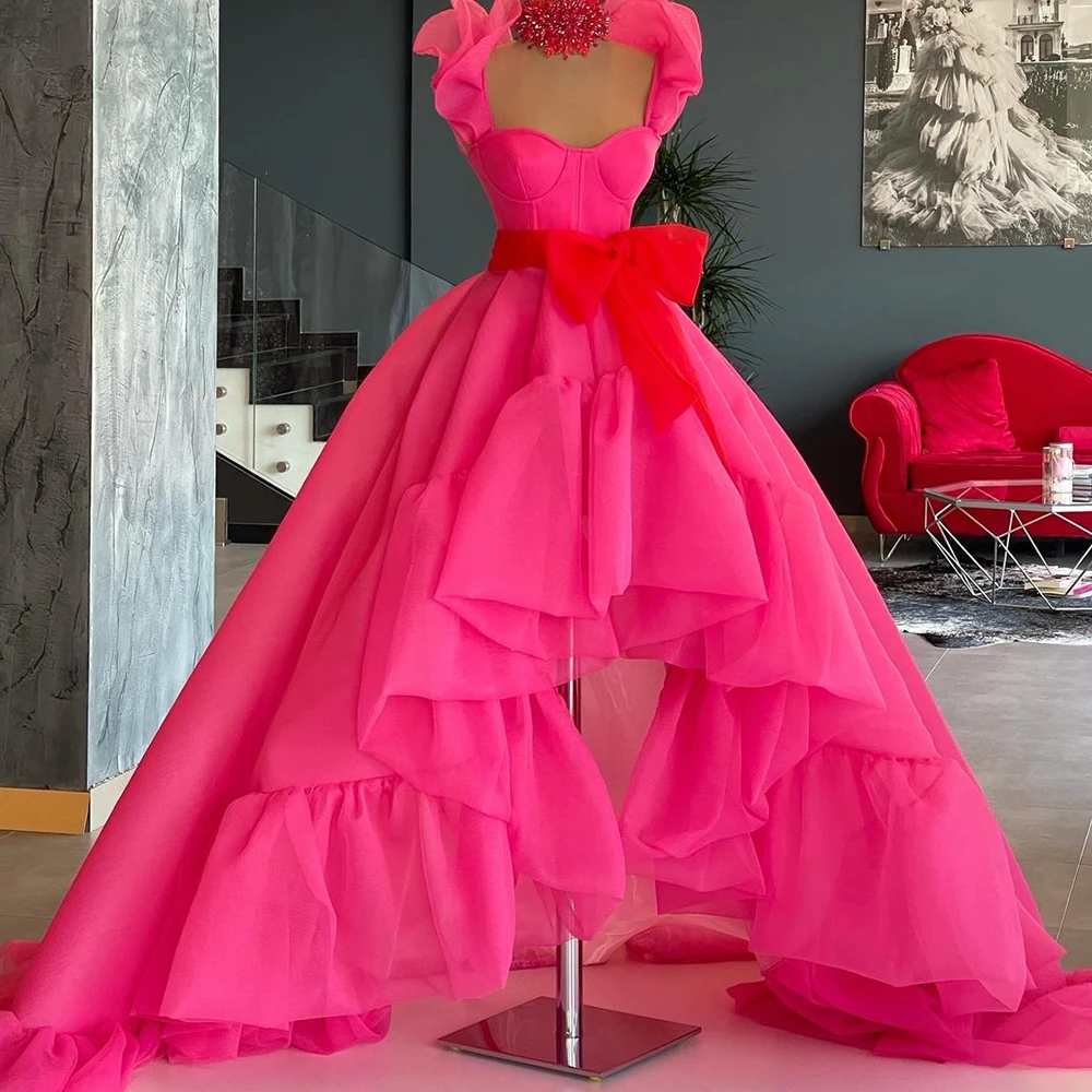

Sweetheart Rose Red Evening Dresses Long 2022 Elegant Organza Hi-Lo A-Line Prom Gowns Sexy Red Bow Party Dress vestido de fiesta