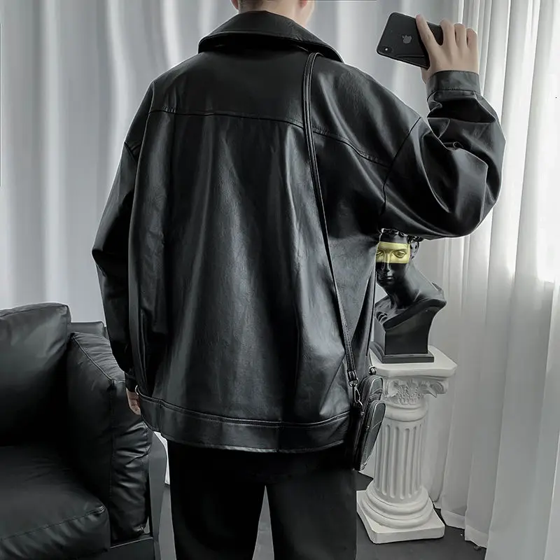 

men's velvet thicken loose PU leather motorcycle jacket coats plain Color long sleeve green/black clothing S-2XL