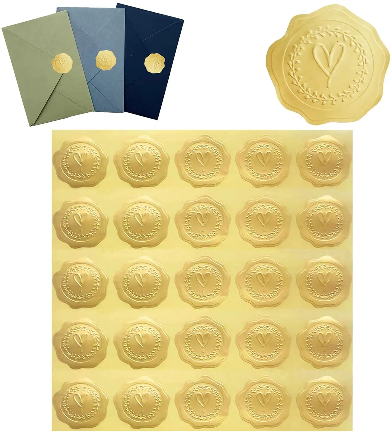 Gold Embossed Wax Seal Looking Love Heart Envelope Seals Stickers 1.5 Inch Embossing Adhesive Envelope Sealing Label
