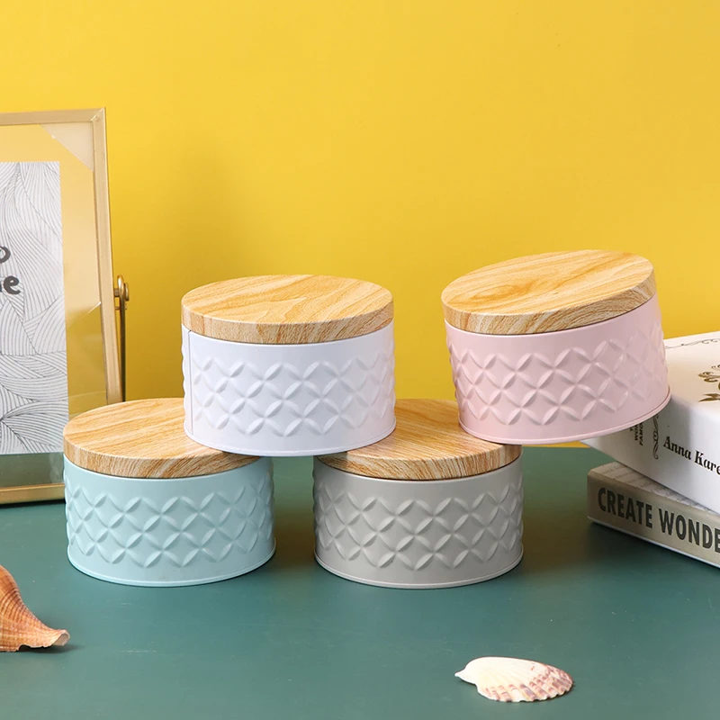 

High Quality Round Empty Iron Box With Wood Grain Lid Candy Storage Box Jewelry Cosmetic Case DIY Candle Making Jar 1Pcs