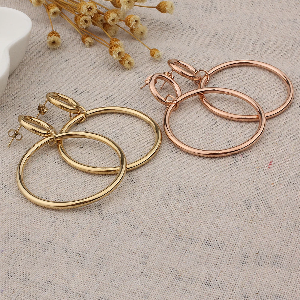 FINE4U E107 Double Circles Dangle Earrings For Women Stainless Steel Big Hoops Drop | Украшения и аксессуары