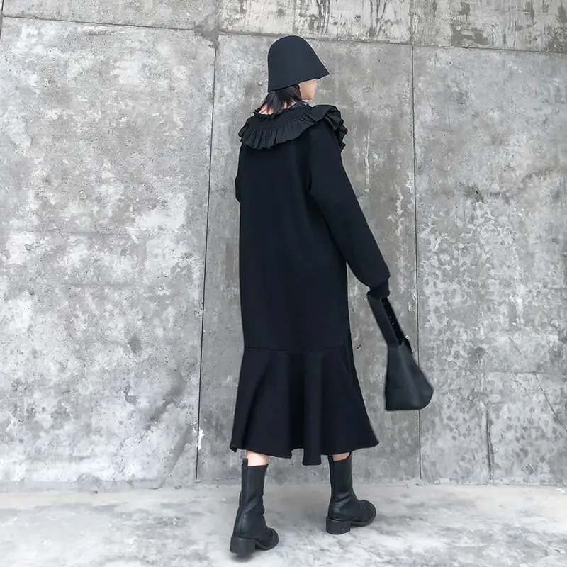 Черное платье с оборками XITAO женская мода новый пуловер длинным рукавом