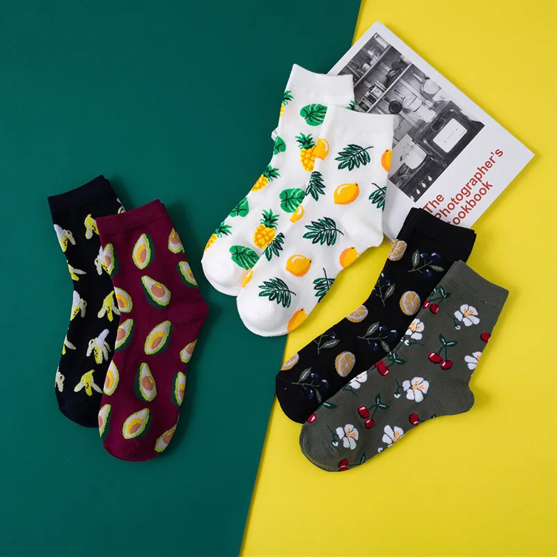 Korean Fresh Fruits Socks Lemon Avocado Pineapple Cherry Blueberry Orange Gardenias Banana Flamingos Plumerias