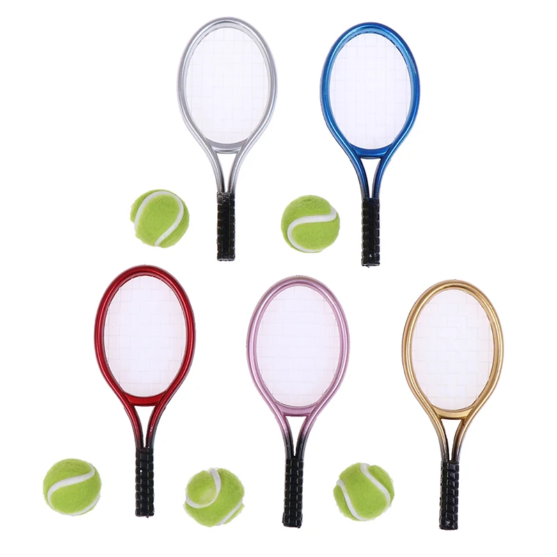 

1 Set 1/6 1/12 Miniature Children Garden Mini Tennis Racket & Ball Gift Doll House Dollhouse Accessory