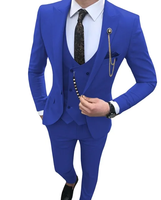 royal blue Мужской костюм, приталенный, 3 предмета, королевский синий, Повседневный, выпускной, смокинг, жених, остроконечный, с отворотом, Деловой, для свадьбы, костюмы для мужчин(Блейзер+ жилет+ брюки - Цвет: royal blue