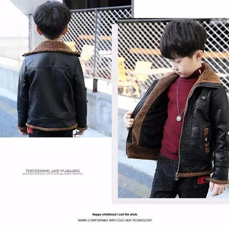 

HOT Baby boys' pu jacket winter coat 3-11 years children's thick Plush fake leather jacket kids winter jacket kids winter coats