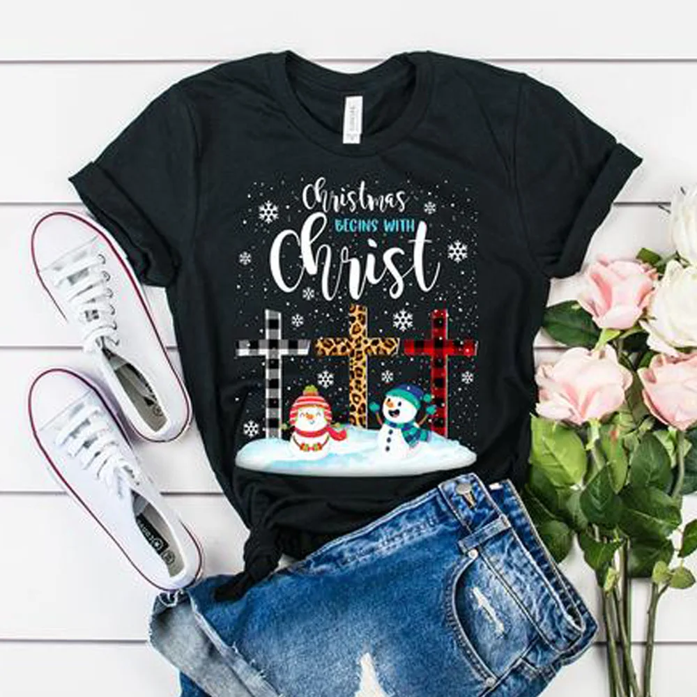 

European and American Explosions Women's Shirts Christmas Snowman Printed Round Neck Short Sleeve Ladies T-shirt