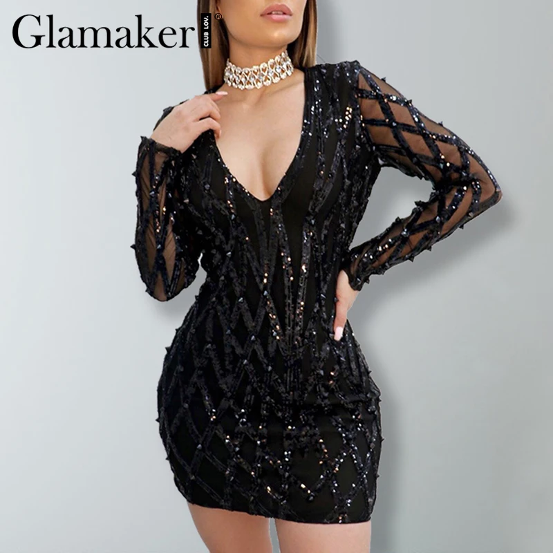 Glamaker Черное женское платье с люрексом и v-образным вырезом элегантное длинным
