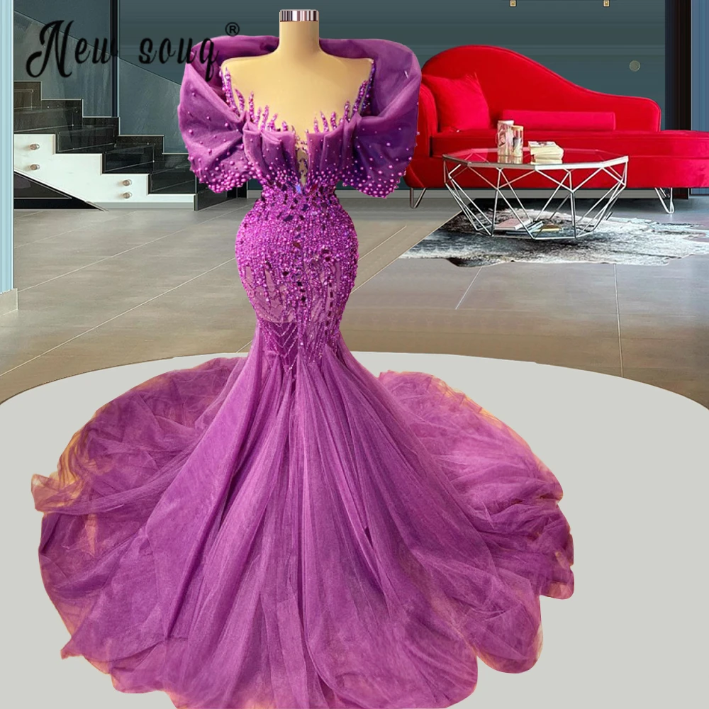 

Aso Ebi Arabic Mermaid Pearls Evening Dress With Ruffles Neck Tulle Bottom Formal Prom Gown Plus Size robe de soirée