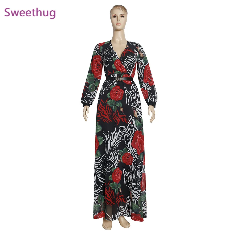 

2021 African Print Boho Chiffon Dresses Women Long Sleeve Elegant Evening Gown Ankara Dashiki Maxi Dress Dubai Abayas
