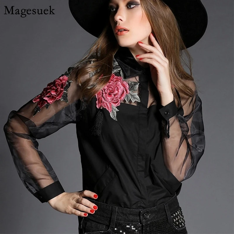

Casual Embroidered Floral Women Shirts Autumn Long Sleeve Lace Chiffon Women Blouses Cardigan Plus Size Blouse Women Blusas 606B
