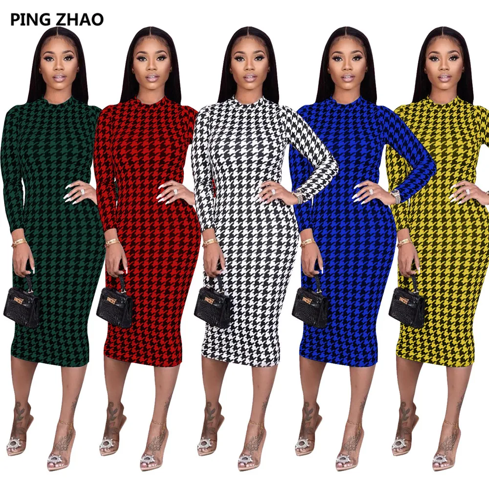 

PING ZHAO Women Long Sleeve O-neck Bodycon Midi Knee Length Dress Office Lady Sexy Club Party Pencil Dresses