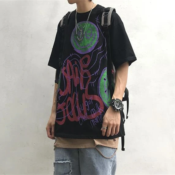 Окрашенные Граффити футболка мужская толстовка хип-хоп Короткие рукава уличная