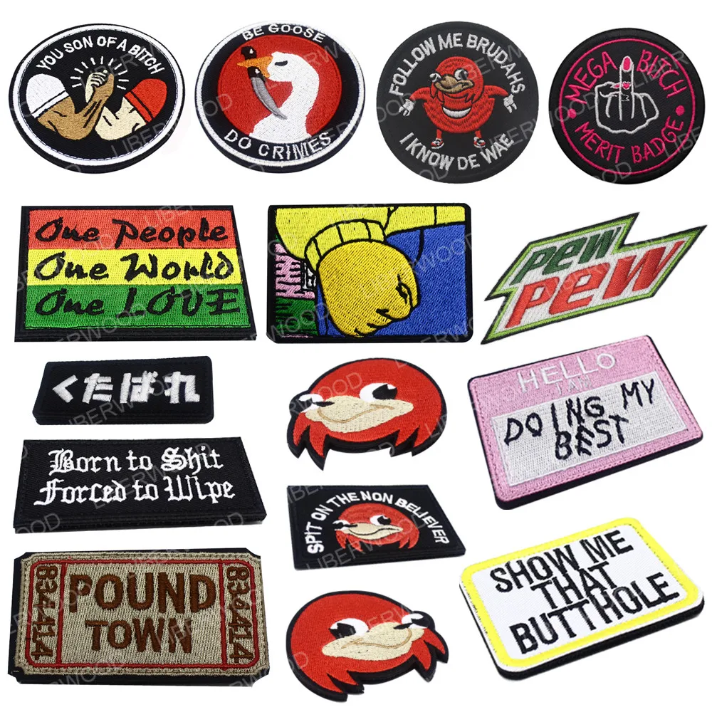 

Pound Town Ticket Doing Best PEW Meme Knife Goose Arthur Fist Ugandan Knuckles Funny Applique Backpack Biker Emblem Patch