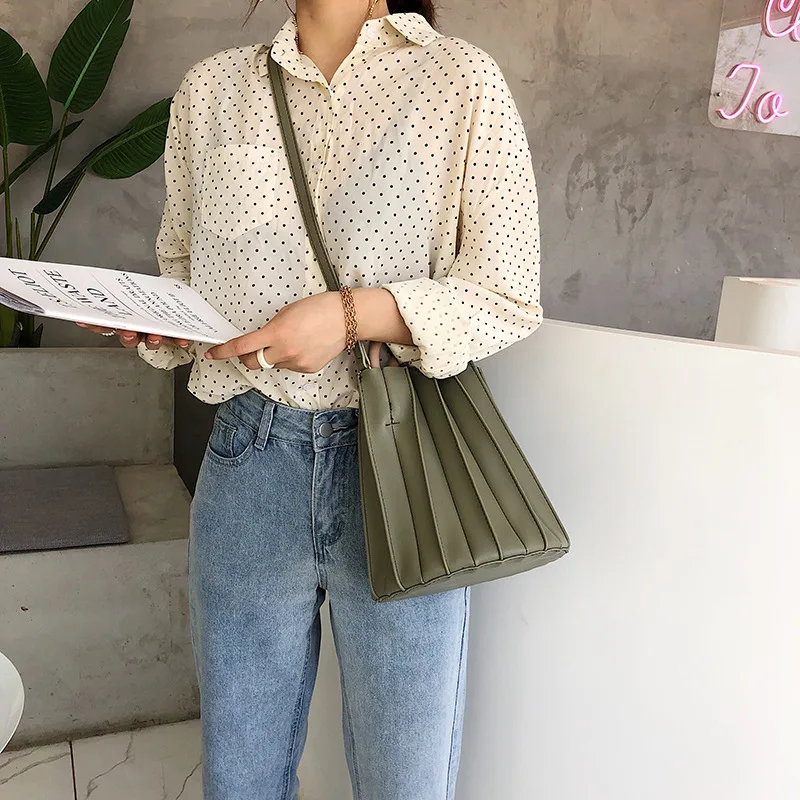 Плиссированная сумка-ведро INS модная женская сумка круглое кольцо с деревянной