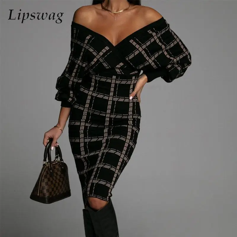 

Sexy Double V Neck Backless Party Dress Women Elegant Batwing Sleeve Slim Bodycon Dresses Fashion Casual Plaid Office Lady Dress
