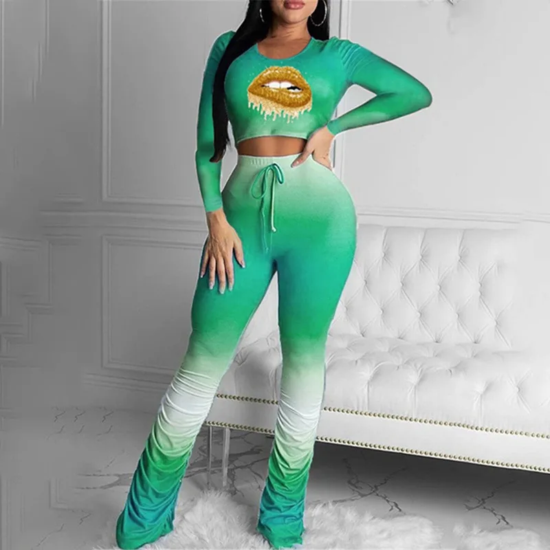 

European and American sexy fashion plus size women's hot-selling hot style folds gradient tie-dye lips two-piece suit