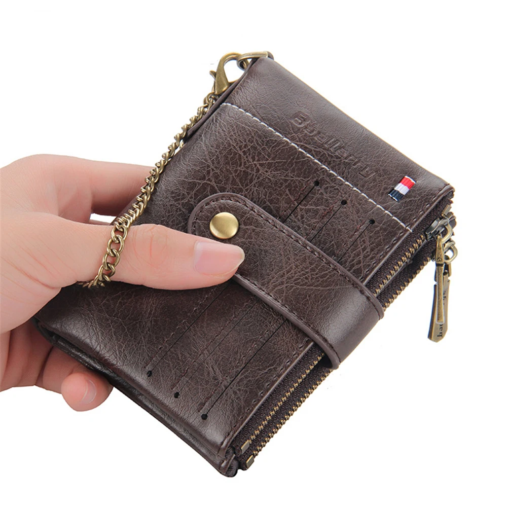 

Leather Men Wallet Retro Double Zipper Coin Purse Small Mini Card Holder Chain Male Walet Pocket