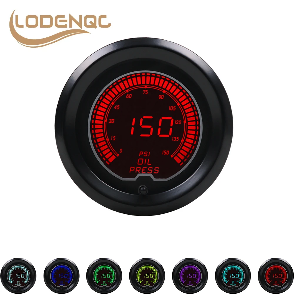 

Lodenqc Car Meter Brand New 2" 52mm Oil Press Gauge EVO 7 Colors LCD Colorful 0-150 PSI Digital Oil Pressure Gauge With Sensor