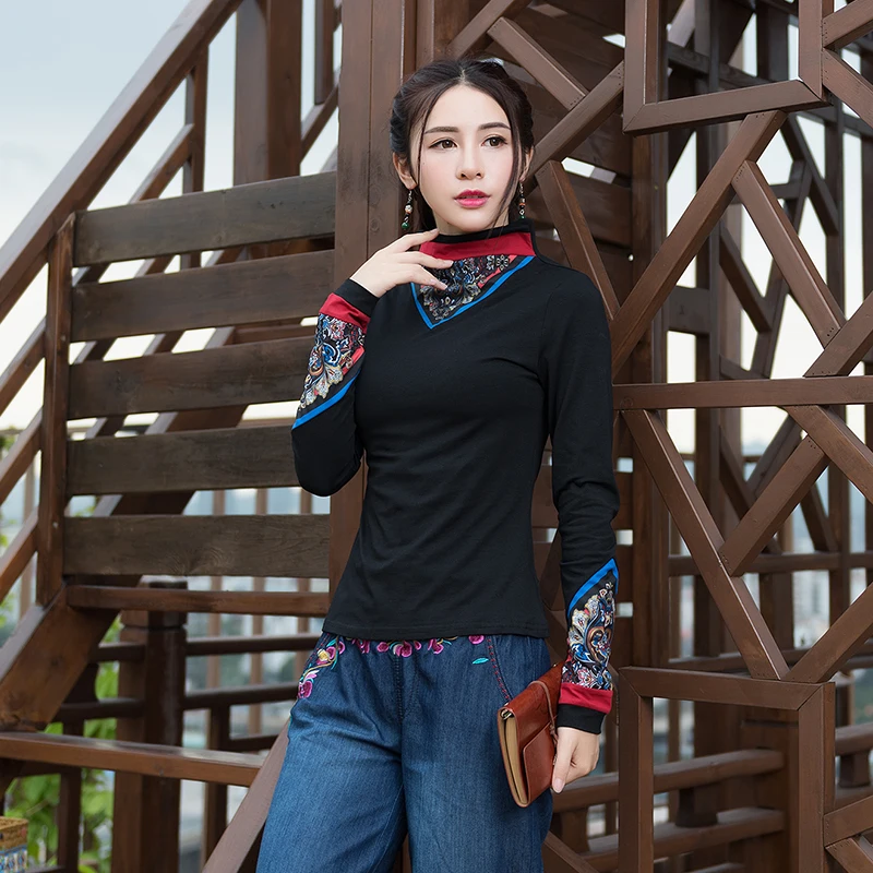 

T Shirt Women Autumn Spring Office Lady Turtleneck Chinese Style Embroidery Vintage Woman T-shirt Top Tee Clothes Plus Size 5XL