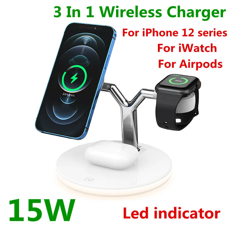 

3 In 1 Magnetic Wireless Charger For Iphone 12 Pro Max Mini Airpods Apple 15W Fast Charging Station Watch Chargers Stand