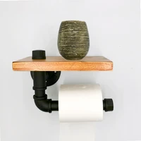 vintage handicraft urban industrial wall mount wood storage shelf iron pipe toilet paper holder roller restaurant restroom