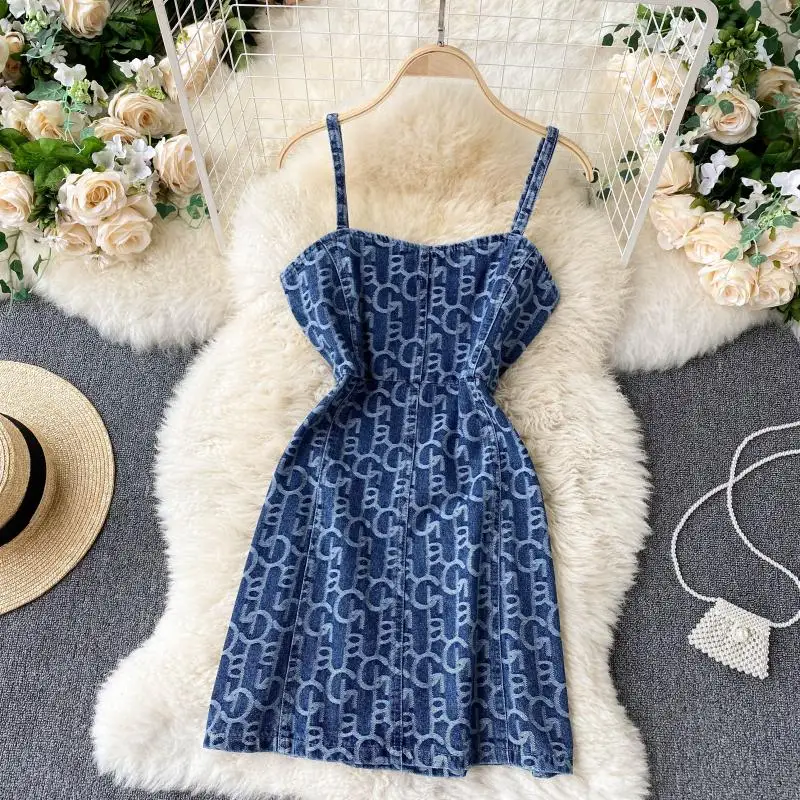 

Casual Chic Women Short Hooded Top and Spaghetti Strap Prints Denim Dress Retro Twinset Dress TN162