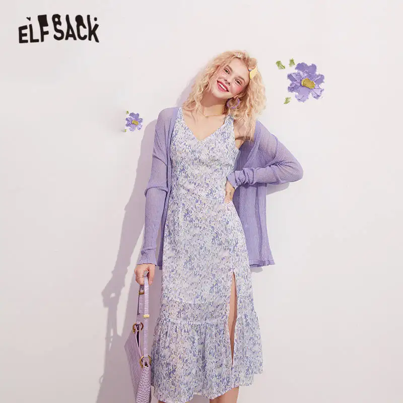 Женское винтажное платье ELFSACK фиолетовое Повседневное с цветочным принтом и