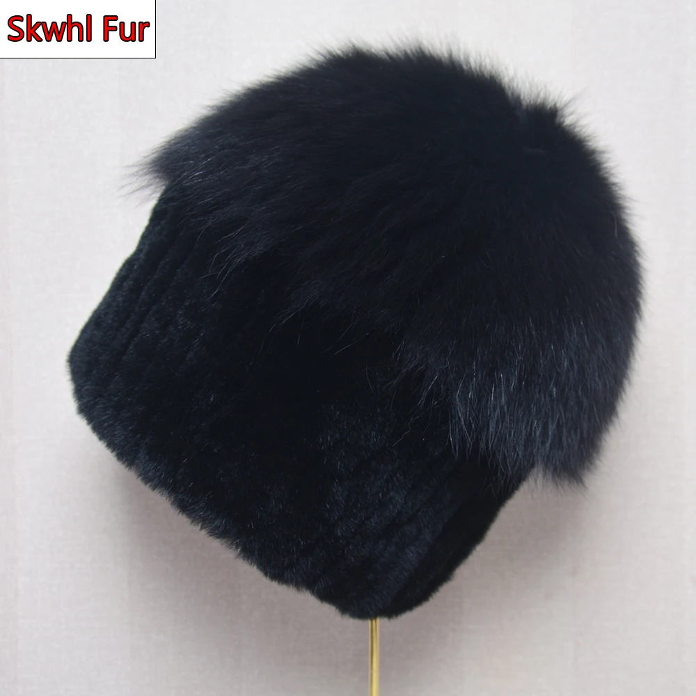 

Russia Lady Winter Real Fur Hat Women Warm Knitted Genuine Rex Rabbit Fur Hat Top Natural Fox Fur Bomber Caps Rex Rabbit Fur Cap