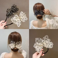 new fashion women elegant flower big pearls hair curl bun diy hair style chiffon polka dot bow hair making tool hair accessories