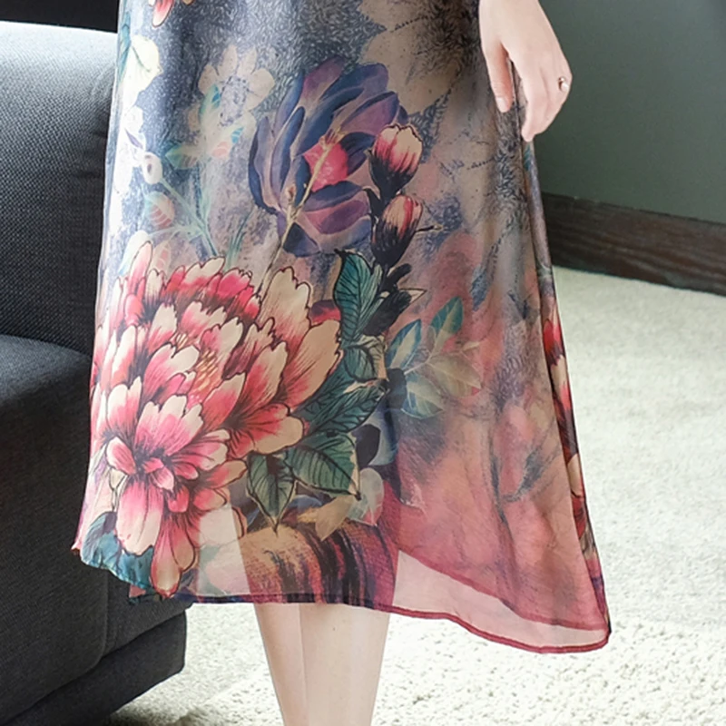 

2021 Vintage Boho Floral Real Silk Midi Dresses Autumn Korean Plus Size Long Sleeve Women Sundress Classy Bodycon Party Vestidos