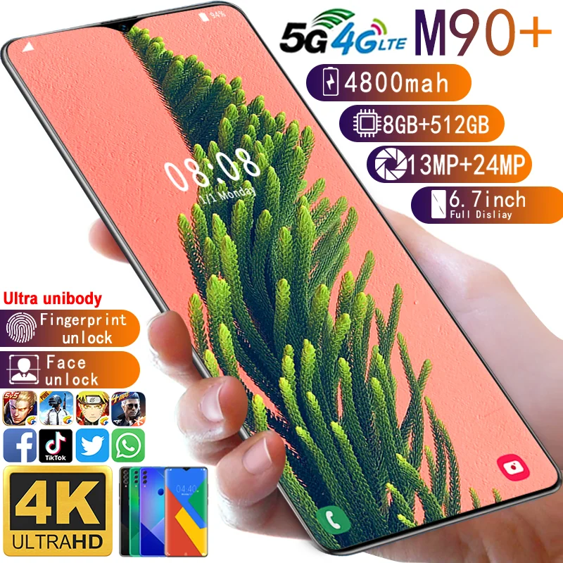 

Smartphone M90 + Global Version 13MP +24MP 4800mAh 8GB + 512GB 6.7 Inches Fingerprint Face Recognition To Unlock 5G Mobile Phone