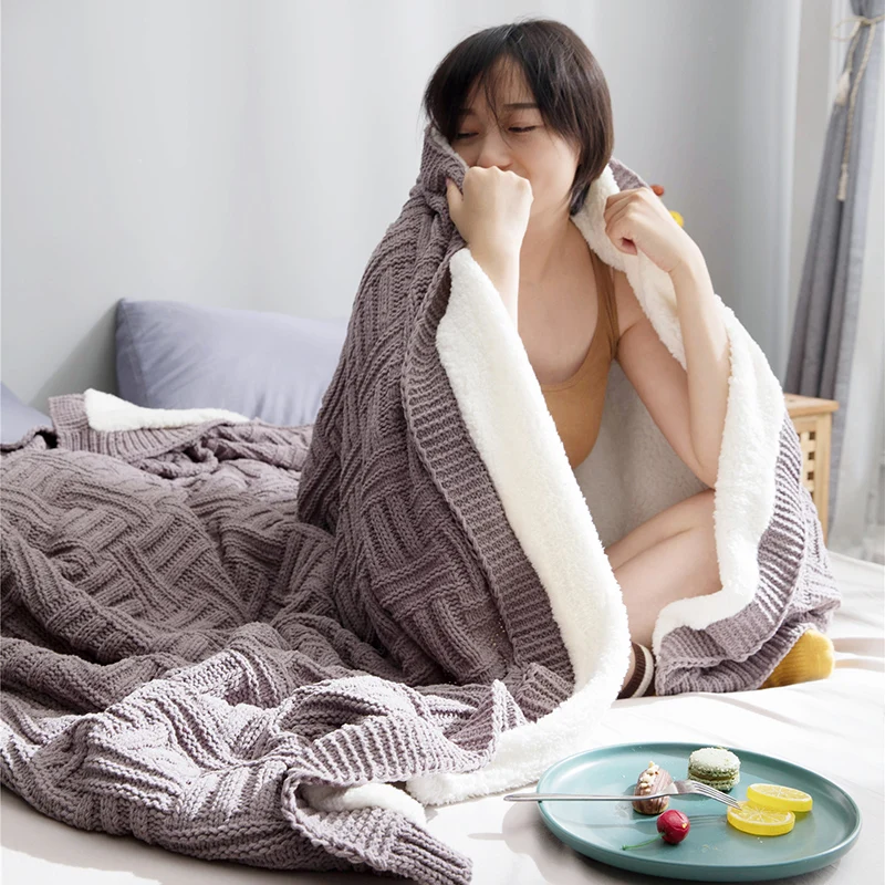 

Lamb Thick Blanket Knitted Winter Double Solid Warm Autumn Nordic Bed Cover Blanket Fluffy Mantas De Cama Household Goods DG50B