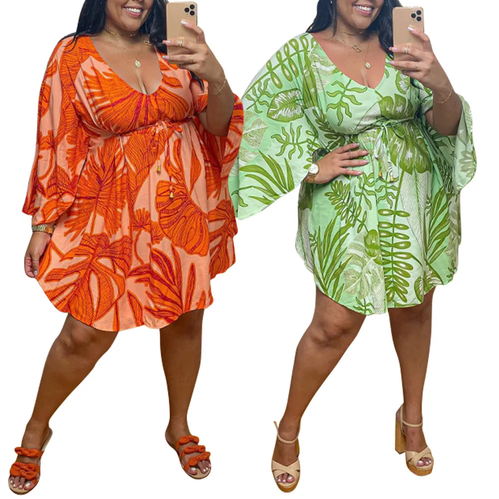 

Cutubly Sexy Elegant Dress For Women Plus Size XL-5XL Women Dress Floral Print Batwing Casual Dress Loose Deep V-Neck Mini dress