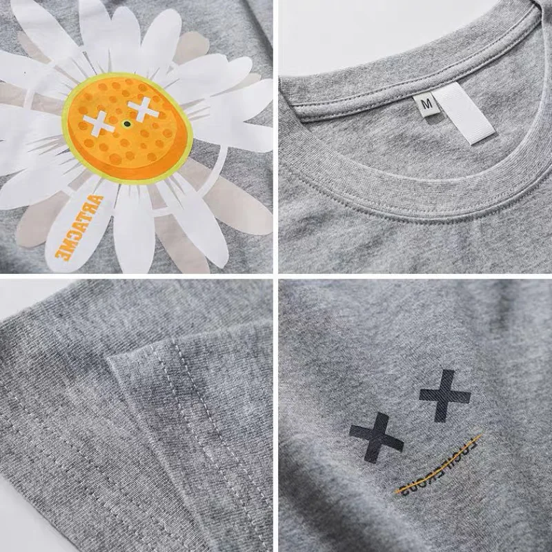 

Summer Ladies Simple Harajuku Style PURE Cotton T-shirt 2021 New Fashion Loose Daisy Print Couple Short-sleeved Street Clothing