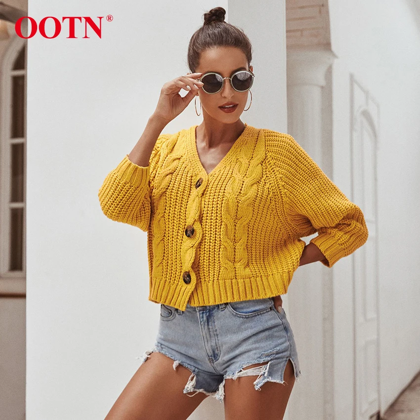 OOTN однобортный вязаный крючком пуговицы для кардигана короткий зимний женский свитер с длинным рукавом Повседневная Верхняя одежда свитер пальто